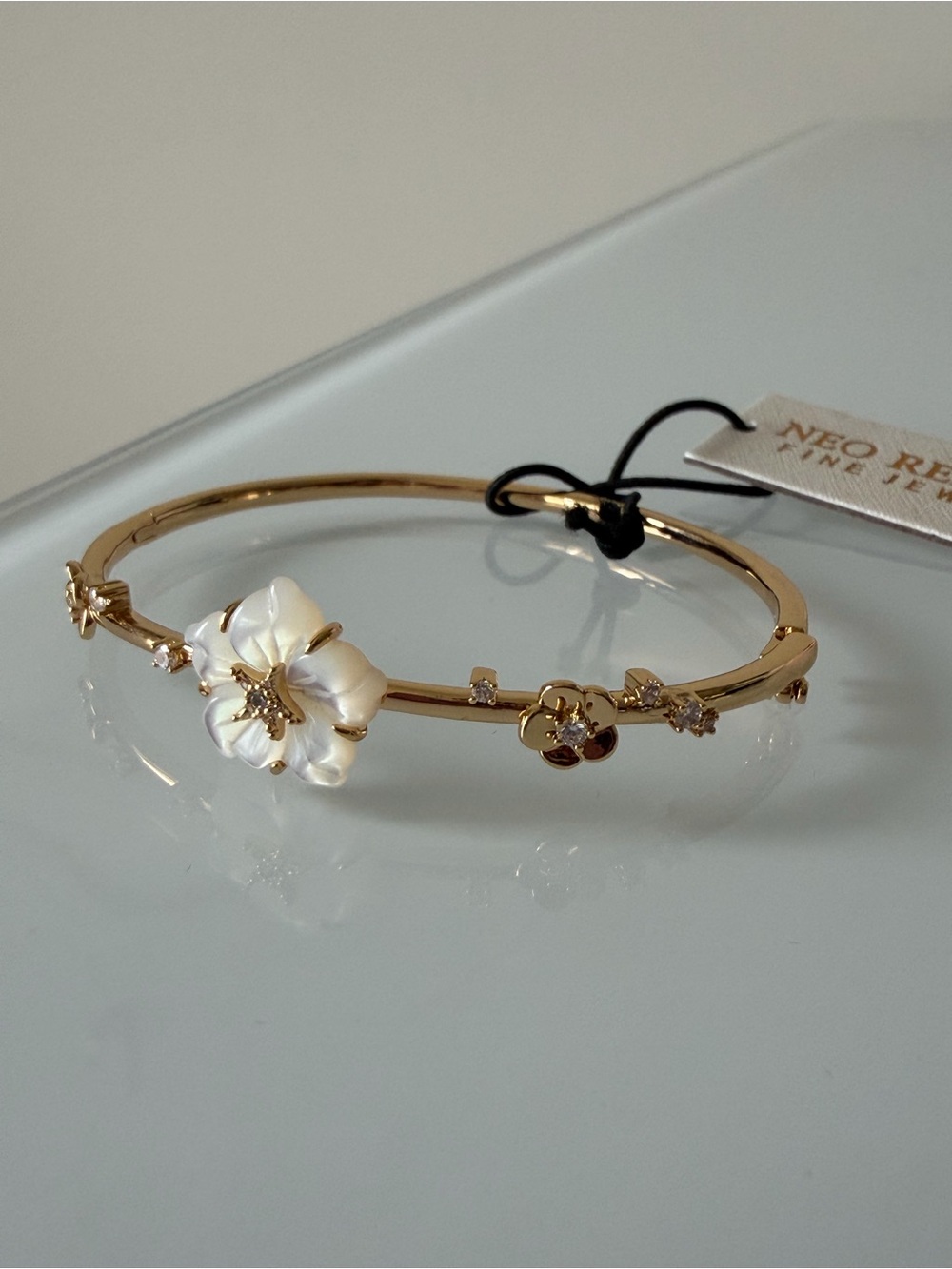 Gold Floral Pearl Bangle Bracelet